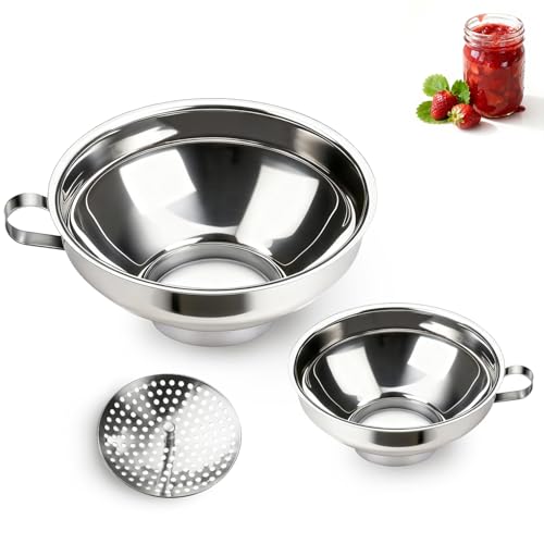 Einmachtrichter con colador, embudo de boca ancha para llenar tarros anchos y normales, accesorios de envasado de acero inoxidable apto para alimentos para la cocina, paquete de 3 (pequeño y grande)