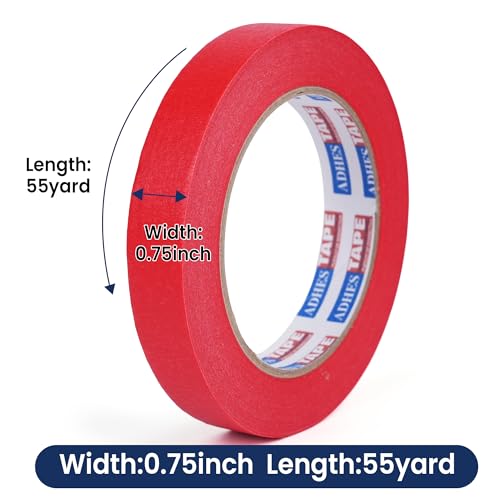 Image of Adhes No Residue Red Masking Tape, 36 Rolls x 0.7 Inch x 55 Yards, Clean Removal Painter's Tape for Painting, Labeling, Marking, Easy Tear, UV-Resistant