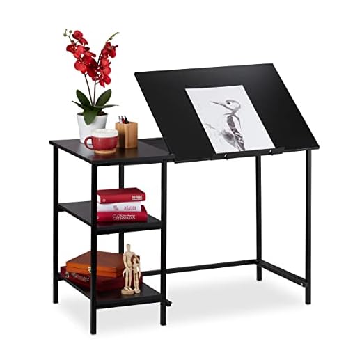 Relaxdays Escritorio reclinable, Tres estantes, Ajustable, Mesa de PC, Aglomerado, Hierro, Negro, 75 x 110 x 55 cm