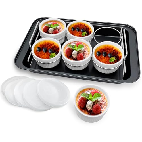 Ramekins Set with 6 Silicone Lids, Mothers Day Gifts Creme Brulee Making Set, Set of 6 Porcelain Ramekins, Oven Safe Covered Bowls & Soufflé Ramiken by PLSFIT - Used condition - US$20.00