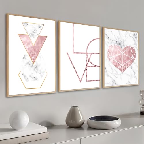 Kit 3 Quadros Love Coração Rosa Cristal Moderno Decoração Casa Sala e Quarto (43x32cm, Carvalho)