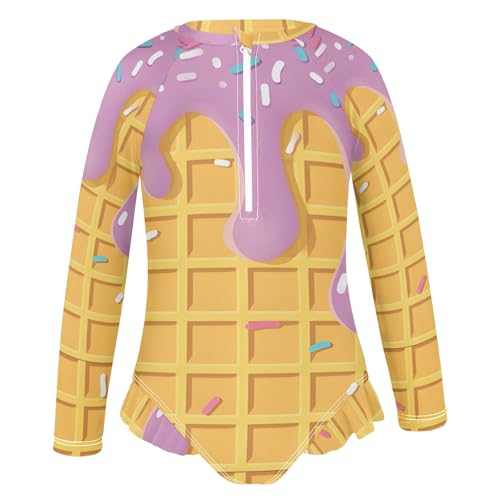 Pink Cream Waffle Girls Long Sleeve Swimsuit Rash Guard One Piece Bathing Suits Zipper 3-12T2