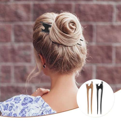 2Pcs U Shape Wooden Hair Sticks Handmade Carved Wood French Hair Forks with Cute Cat Design 2-Prong Vintage Wood Hair Pins for Women Girls Chignon Bun Updo Hairstyle Accessories - Thumbnail 6