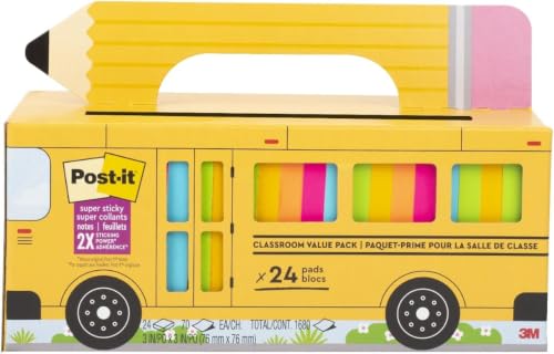 Image of Post-it Super Sticky Notes, 24 Sticky Note Pads, 3 x 3 in, School Supplies, Office Products, Notes for Vertical Surfaces, Monitors, Walls and Windows, Bus Cabinet Pack (Pack of 8)