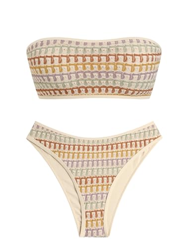 Image of ZAFUL Women Strapless Textured Bandeau Bikini 2 Piece Swimwear Cheeky Solid Lace up Bathing Suits