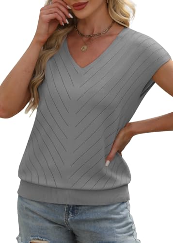 Image of WIHOLL Short Sleeve Sweater for Women V Neck Trendy Summer Tops 2026 Beach Vacation Clothes Travel Business Casual Outfits