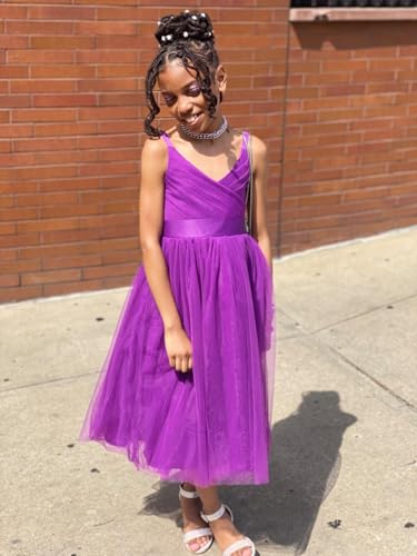Image of Glamulice Flower Girls Spaghetti Strap Tulle Dress Long A Line Wedding Pageant Dresses Princess Birthday Party Ball Gown