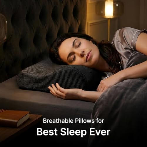 Image of pTron Ergova O2 100% Memory Foam Cervical Neck Pillow, Improves Posture, Spinal Alignment, Neck Pain Relief Cushion, Queen Size 19x11x3.5 inch, Breathable & Washable Zip Cover (Black)