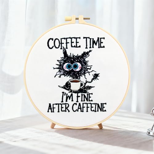 Image of Cute Cat Embroidery Kits for Beginners Adults, Coffee Hand Embroidery Starter Kit, Stamped Cross Stitch Kits for Beginners Adult Craft Kit for Women, Entire Set of Embroidery Supplies & Video Tutorial