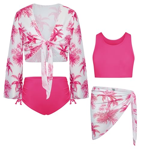 Image of GRACE KARIN Girls Bathing Suit Adjustable Taniki Swimsuit Tie Front 4 Piece Bikini Set with Kimono Cover Up 6-14