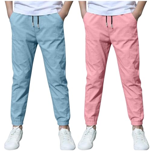 2-Pack Boys Summer Cotton Linen Pants Lightweight Thin Basic Elastic Waist Trousers with Pockets for Kids 3-13 Years