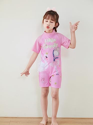 Image of Girls Swimsuits Half Sleeve Rash Guard Swimwear with Matching Cap One-Piece Bathing Suits 2-11 Years