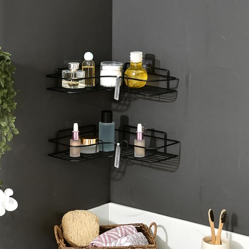 Image of Amazon Basics Modern Wall Mounted Corner Rack for Bathroom | Mild Steel Storage Shelf for Toiletries, Shampoo, Soap & Accessories| Self adhesive | Rust-Resistant, Easy to Clean, Space-Saving Organizer - 27.5 x 27.5 x 6.2 cm, Pack of 2, Black