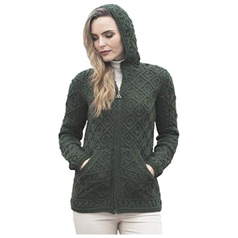 Aran Crafts Women's Soft Cable Knit Honeycomb Hood Cardigan, 100% Merino Wool, Authentic & Traditional, Fisherman Sweater-Style Knit, Made in Ireland, HD5001-LG-AGRE Army Green Cover