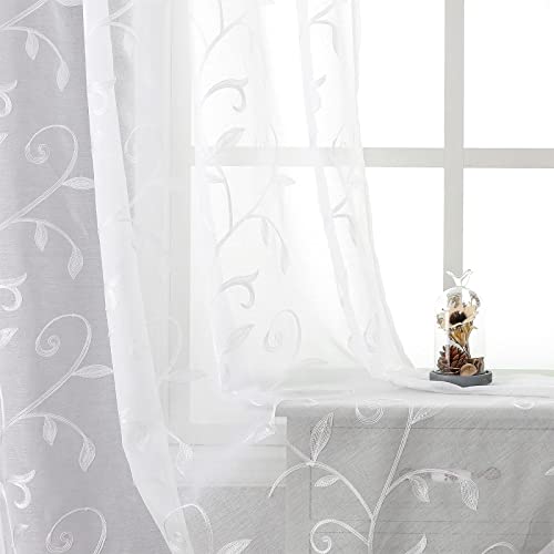 VISIONTEX White Sheer Voile Curtains 96 Inches Long Decorative Embroidered Leaves Rod Pocket Semi Sheer Window Drapes for Bedroom Living Room 2 Panels Set 54 x 96 Inches by VISIONTEX - Used condition - US$9.81