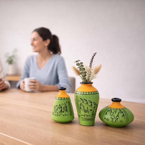 Image of Aakriti Art Creations Terracotta Vases Set of 3 | Handmade Green Warli Art Flower Vases | Matte Finish Decorative Vases for Living Room, Table Decor & Gifting | Tribal Home Decor for Artificial Plants