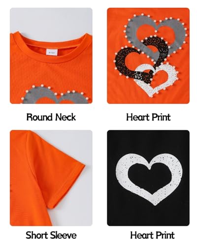 Image of 9-16Y Tween Girl Clothes 2 Piece Short Sleeve Heart Print Top and Shorts Teen Girl Summer Outfits Short Set