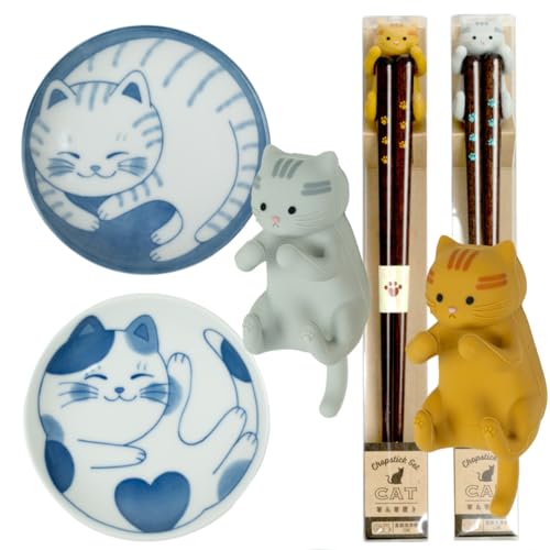 Cute Kawaii Cat Chopsticks and Plates Set - 2 Pairs of Japanese Reusable Non-Slip Chopsticks and rest, Includes 4 Inch Small Plates, Dishwasher Safe, Cat Lover Gift (Tabby & Ginger Cats)