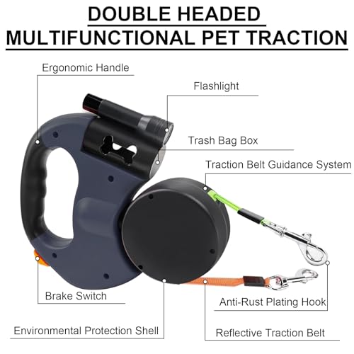3m Rollleine für 2 Hunde, Doppelleine Hundeleine mit LED-Licht, 360° Drehbar, Reflektierendes Nylon, Verstellbar, für Kleine & Große Hunde, Blau