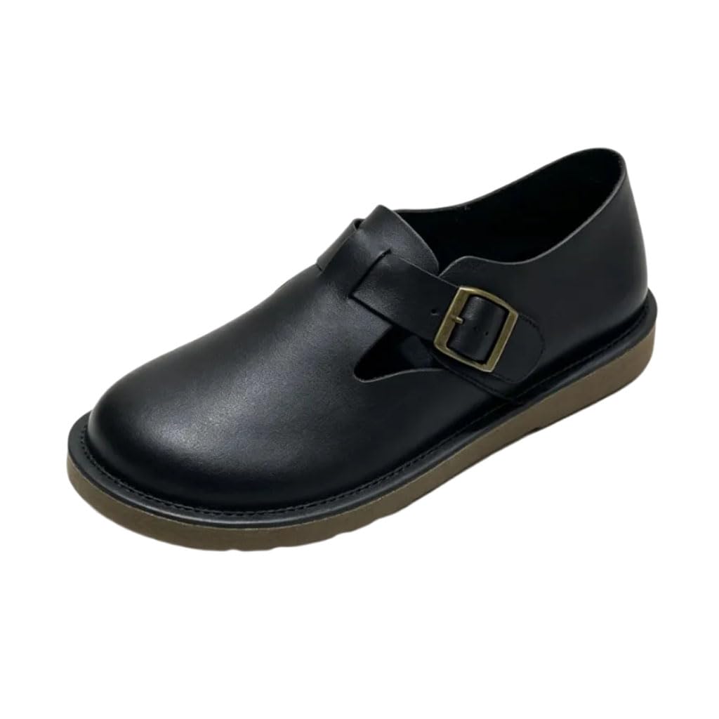 Zapatillas Mujer Planos Piel Auténtica Hebilla Punta Estilo Vintage