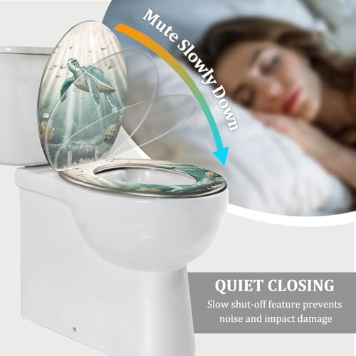 TRANQDEHOM Elongated Toilet Seat with Cover, Sea Turtle Artwork, Sunlit Ocean Floor Resin, Quiet Close, Easy Install - Image 4