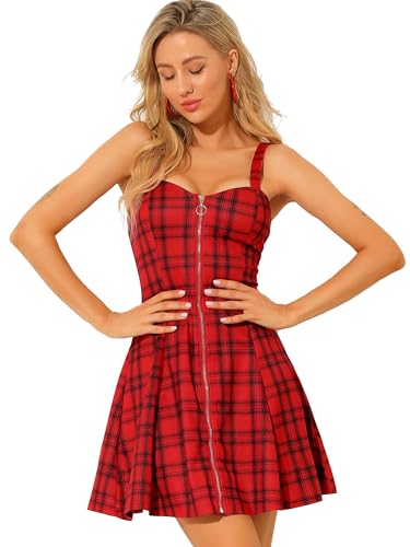 Allegra K Damen Ärmellos Kariert Karomuster Reißverschluss Minikleid Kleid Rot XS
