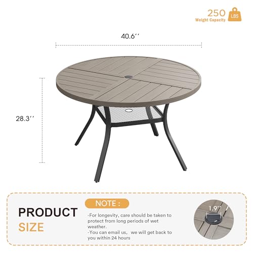 Image of VICLLAX Round Patio Table with Adjustable Umbrella Hole for 4, All Weather Metal Outdoor Dining Table for Lawn Garden, 40.6 inch Outdoor Coffee Table, Grey Wood-Like Tabletop