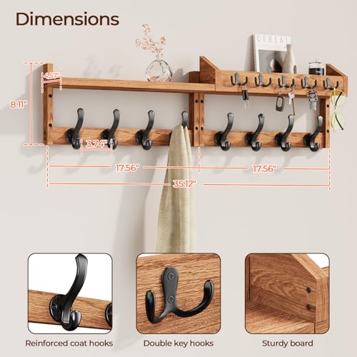 Image of Evermagin 35 inch Coat Rack Wall Mount with Shelf, 4 in 1 Wall Mounted Coat and Key Hanger with 13 Hooks, Entryway Key Holder with Mail Holder for Living Room, Bedroom
