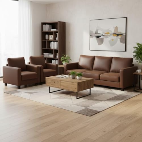 Image of FURNY Haster 5 Seater Premium Leatherette 3+1+1 Sofa Set - (Brown) Comfortable & Ideal for Living Room