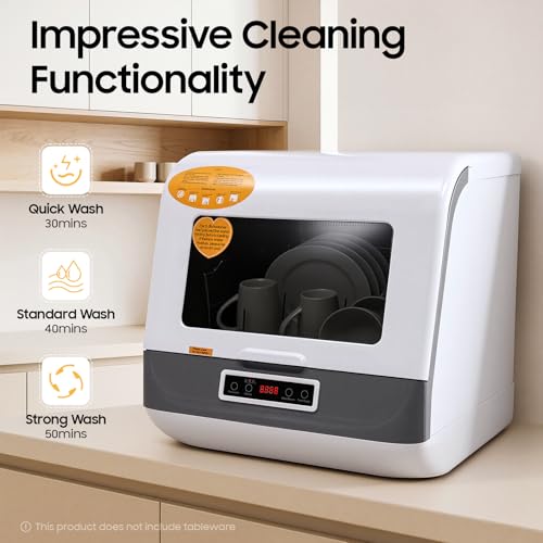 Image of Countertop Dishwasher, 3 Washing Programs Portable Mini Dishwasher with Water Hose for Apartments, RVs, Boats, 360 Rotation Flushing, Hot Air Drying