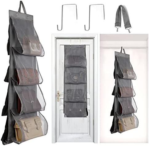 IIITHREE 1 Pack Purse Handbag Organizer, 8 Pockets, Oxford Cloth+Mesh, Hanging Purse Organizer Handbag Storage Over The Door Organizer Hanging Closet Organizer and Storage (Grey)