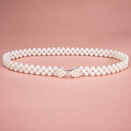 Dubulle Women Pearl Elastic Belt Bridal Wedding Beige White Waist Chain Belt Bowknot Silver Buckle Dress Waistband One Size #TOP5