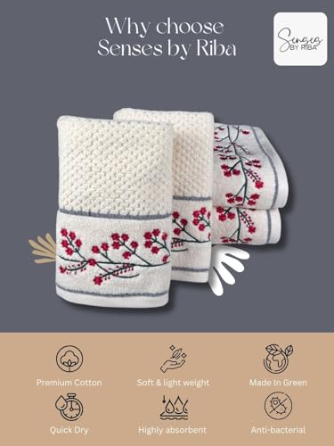 Image of SENSES By Riba Cotton Embroidered Towel Set, 550 GSM Soft & Absorbent, Antimicrobial, Oeko-Tex Certified | Ideal for Home & Gifting, Pack of 4 (2 Bath 27 inchX50 inch + 2 Hand Towels 16 inchX26 inch) - Style 14