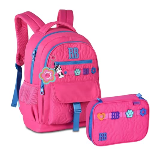 Kit Mochila Rebecca Bonbon Escolar Grande Juvenil Poliéster Alça Carona Bolso Anti-furto Colegial Com Estojo Box 36 Elástico (ROSA)