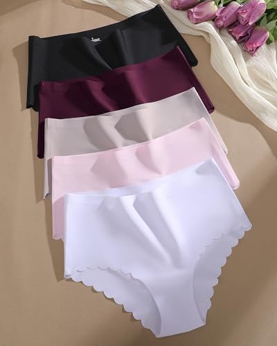 Image of FINETOO Seamless Underwear for Women High Waisted Panties Scalloped Edge Sexy Cheeky Bikini No Show Briefs S-XXL 5 Pack
