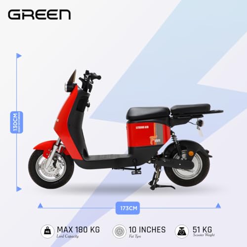 Image of Green Udaan Electric Scooter for adult�s commuter, No RTO Registration or DL required, 75kms Range & 25kmph, Comfortable Wider Deck E-Bike | Red