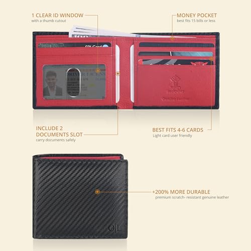 Image of Oak Leathers Slim Leather Wallet for Men - RFID Blocking Slim Minimalist Front Pocket - Thin & Stylish with ID Window, Gift For Men (Black Carbon /Red)