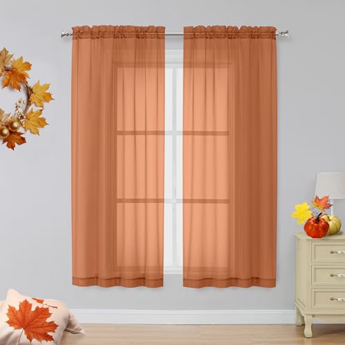 Image of OVZME Orange Sheer Curtains 63 inch Length 2 Panels for Bedroom Living Room, Light Filtering Dual Rod Pocket Voile, Each 42 Width by 63 Length