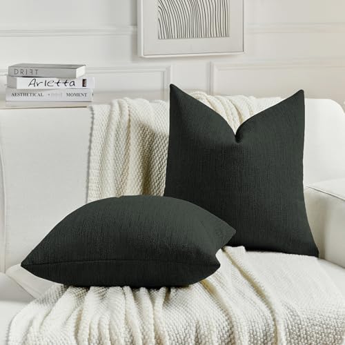 FUTEI Black Chenille Decorative Throw Pillow Covers 20x20 Inch Set of 2,Soft Cozy Faux Linen Textured Cushion Case,Farmhouse Home Decor for Couch Living Room