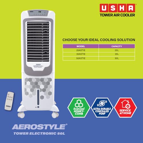 Image of USHA Aerostyle Electronic 50L Tower Air Cooler (50AST1E) - 1400 m /h Air Delivery, 6m Air Throw, Remote Control, Honeycomb Pads, Ice Chamber & Humidity Control