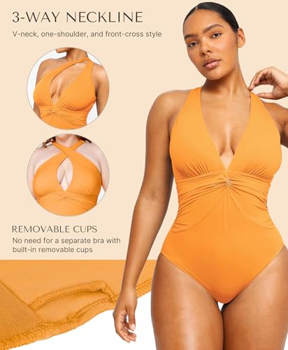Image of SHAPELLX Women's One Piece Swimsuit Tummy Control Ruched Full Coverage Bathing Suit V Neck Slimming Swimwear
