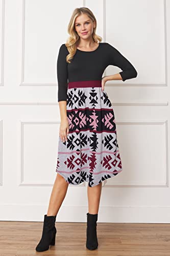 Image of Eloges Women's 3 /4 Sleeve Contrast Waist Band Floral Curved Hem Midi Dress