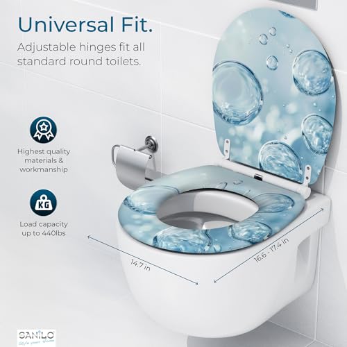 Image of Sanilo Wooden Toilet Seat with Quick Release & Soft Close [ROUND] - Decorative & Slow Close Molded Wood Seat - With One Click for Easy Installation & Cleaning - With Adjustable Fit (Bubbles)
