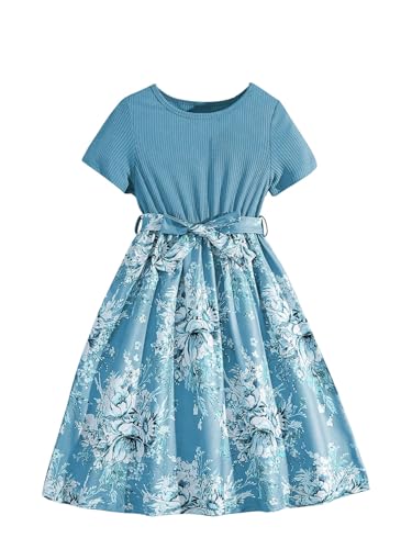 OYOANGLE Girl's Summer Casual Dress Short Sleeve Bow Belted A-Line High Waist Smocked Short Dress