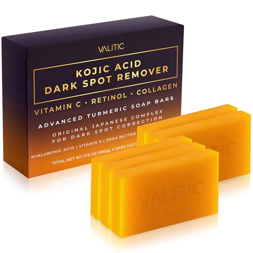 VALITIC Kojic Acid Dark Spot Remover Soap Bars with Vitamin C, Retinol, Collagen, Turmeric - Original Japanese Complex Infused with Hyaluronic Acid, Vitamin E, Shea Butter, Castile Olive Oil - 5 Pack