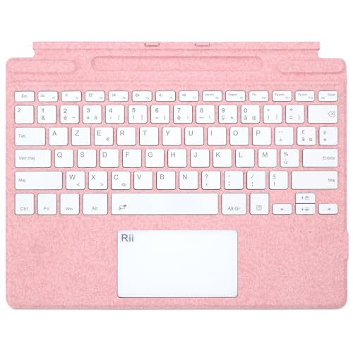Rii Surface Pro Clavier Français pour Surface Pro 8/9/X, Bluetooth sans Fil, Type Cover Tactile et Rechargeable, 7 Couleurs Rétroéclairées, Rose