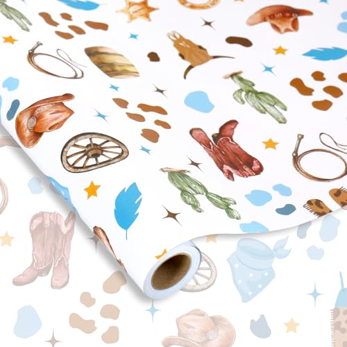 JarThenaAMCS Little Cowboy Wrapping Paper 17 Inch x 16.4 Ft -Mini Roll- Blue Brown Cowboy Hat Clothes Cactus Gift Wrap Art Paper for Western Birthday Baby Shower Supplies
