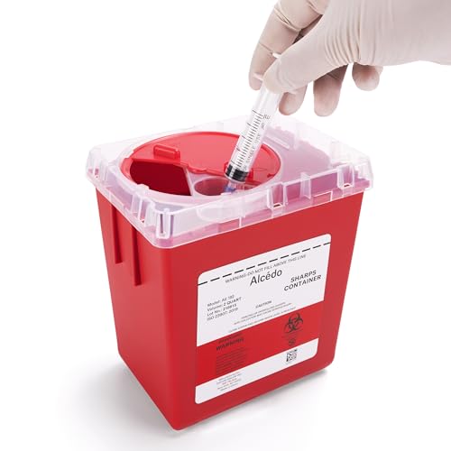 Image of Alcedo 2 Quart Sharps Container (1-Pack) for Needle & Syringe Disposal | Small & Portable, Built-In Needle Removal Port, Clear Lid, Ideal for Home, Travel & Professional Use