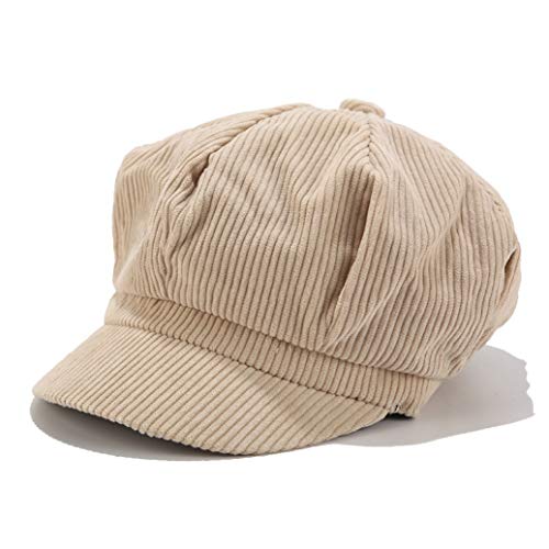 Women Striped Newboys Caps Corduroy Painter Beret Hat Elegant Solid Color Octagonal Baker Cap Beige