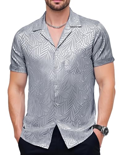 JEMITOP Mens Shiny Satin Silk-Like Designer Shirt Summer Short Sleeve Button Down Up Shirt Jacquard Hawaiian Tropical Floral Beach Party Cruise Tops Gray Silver L